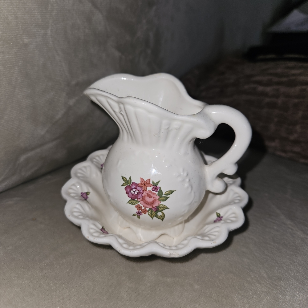Floral White Ceramic Pitcher and Saucer Set